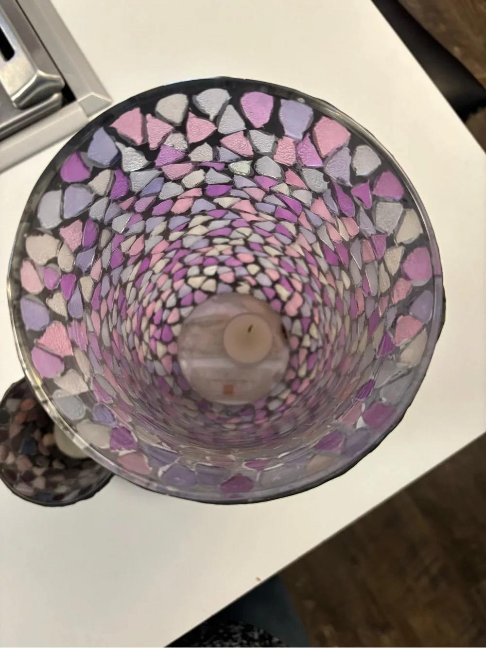Vintage Mosaic Glass Hurricane Candle Holder Set Home Interiors Purple & Pink